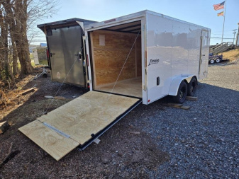 New 7 x 16 Homesteader Intrepid V-Nose Cargo Trailer, 7k GVWR **White w/Ramp Door Package, .030 Alum Skin, 16  OC Wall Studs