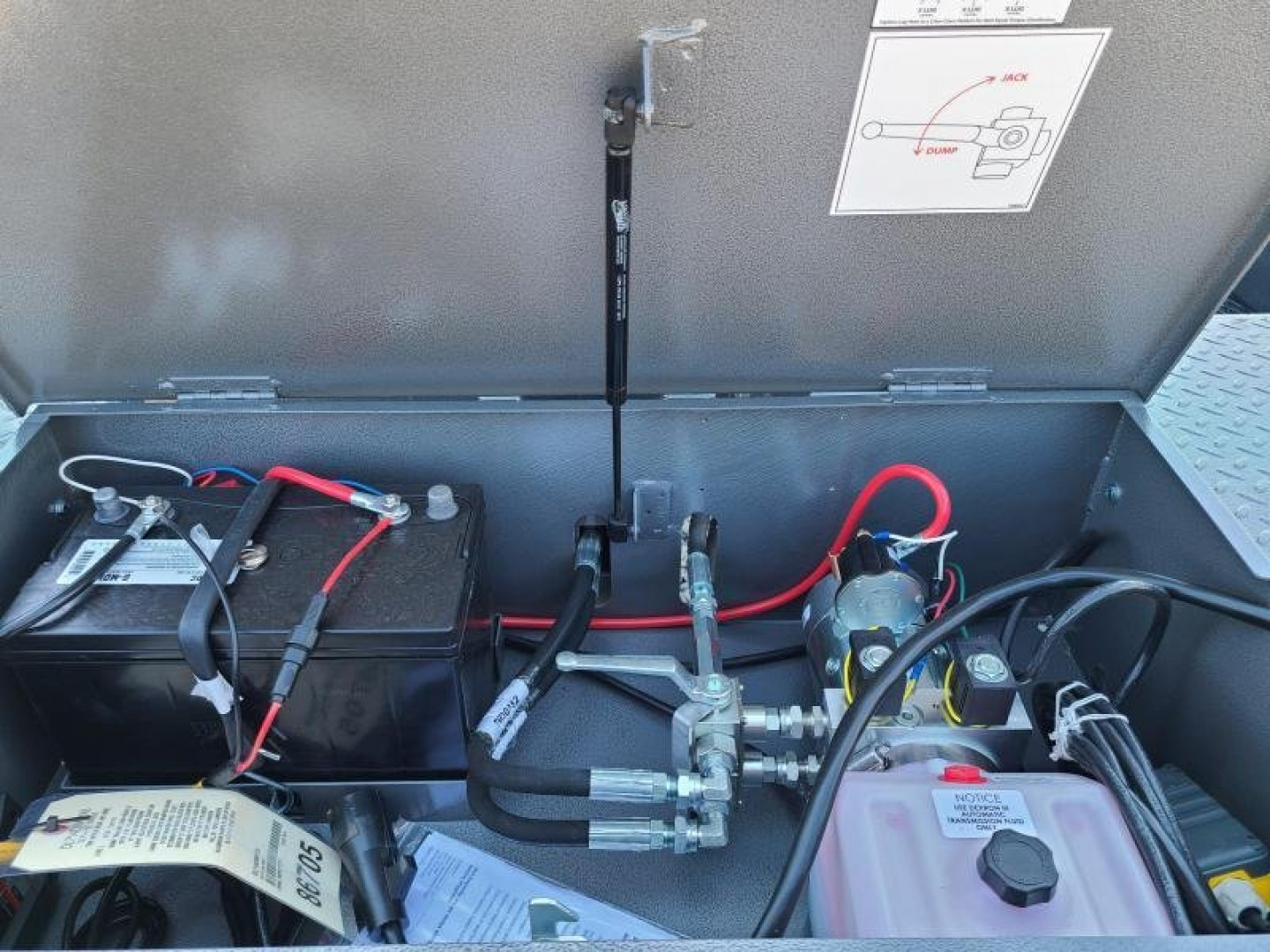 New 7 x 16 B-WISE HD Low Profile Scissor Hoist Dump Trailer, 15.4k GVWR  **Black w/Hammertone Gray Frame, Hydraulic Jack, Spring Tarp Kit, Stab. Jacks, 110v Batt Charger