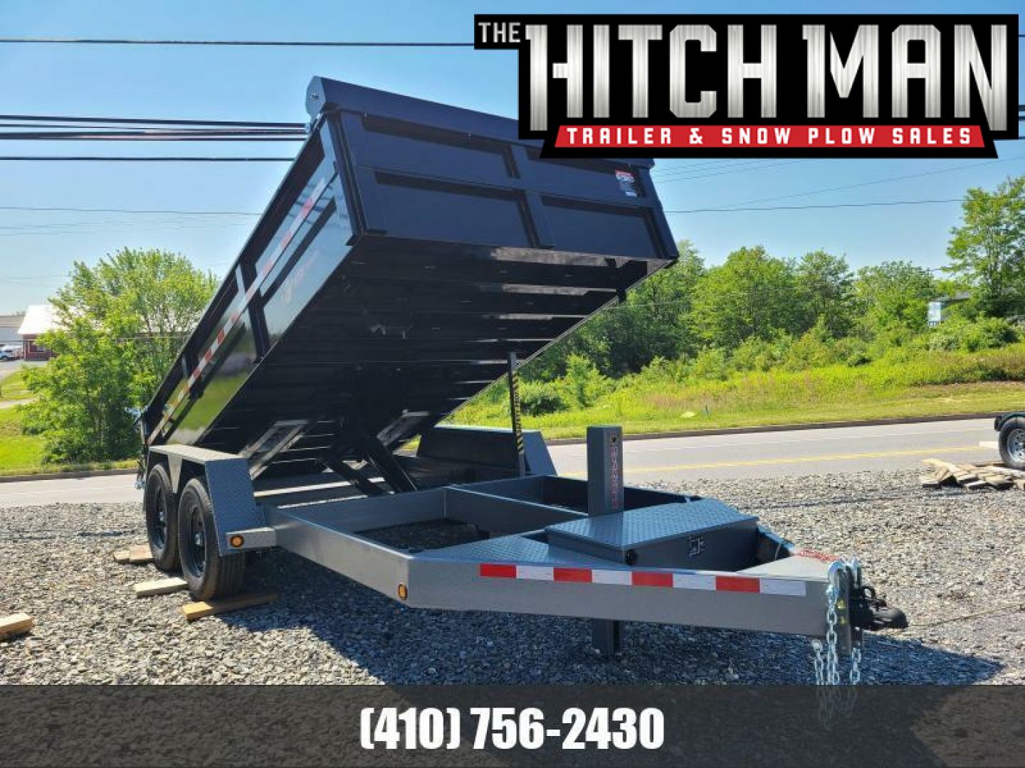 New 7 x 16 B-WISE HD Low Profile Scissor Hoist Dump Trailer, 15.4k GVWR  **Black w/Hammertone Gray Frame, Hydraulic Jack, Spring Tarp Kit, Stab. Jacks, 110v Batt Charger