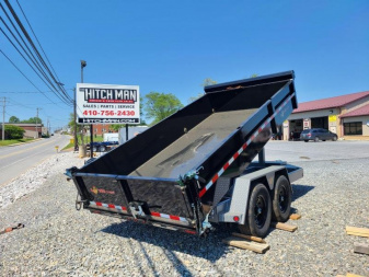 New 7 x 16 B-WISE HD Low Profile Scissor Hoist Dump Trailer, 15.4k GVWR  **Black w/Hammertone Gray Frame, Hydraulic Jack, Spring Tarp Kit, Stab. Jacks, 110v Batt Charger