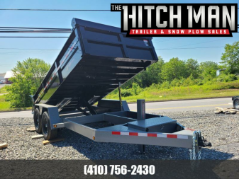 New 7 x 16 B-WISE HD Low Profile Scissor Hoist Dump Trailer, 15.4k GVWR  **Black w/Hammertone Gray Frame, Hydraulic Jack, Spring Tarp Kit, Stab. Jacks, 110v Batt Charger