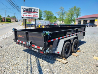 New 7 x 16 B-WISE HD Low Profile Scissor Hoist Dump Trailer, 15.4k GVWR  **Black w/Hammertone Gray Frame, Hydraulic Jack, Spring Tarp Kit, Stab. Jacks, 110v Batt Charger