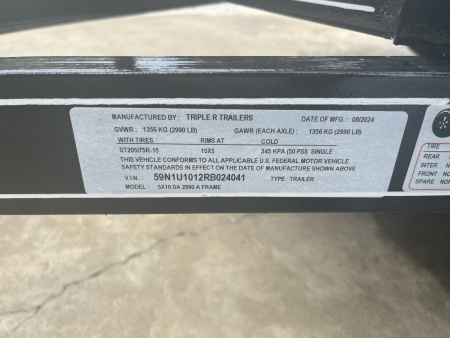 New 2024 Triple R 5x10 SA 2990 A Frame Utility Trailer