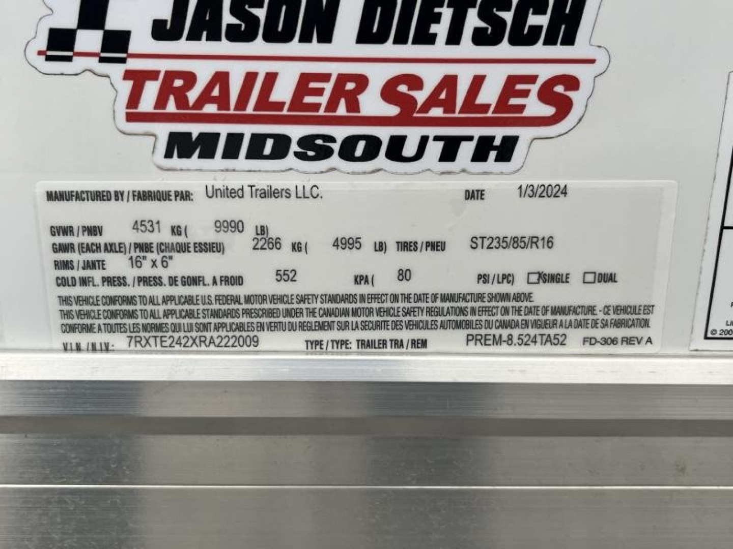 New 2024 United Trailers PREM-8.524TA52 CAR / RACING TRAILER