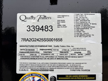 Used NEW/USED 2025 Quality Trailers 24' Gooseneck (20' + 4' Dovetail) Pro Series - 17000# GVWR