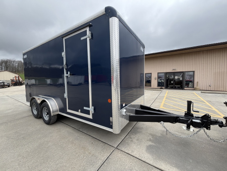 New 2026 Car Mate Trailers 7x16 Custom Cargo HD Enclosed Trailer (12  extra height) - Indigo Blue Metallic w/ Barn Doors - 9990# GVWR
