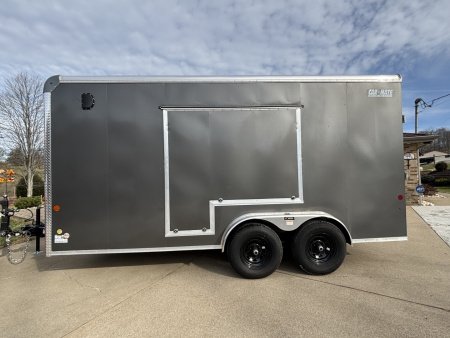 New 2026 Car Mate Trailers 7.5x16 Custom Cargo HD UTV Enclosed Trailer - Charcoal Gray - 12  Extra Height - Step Out Roadside Awning Door - w/ Ramp - 9990# GVWR