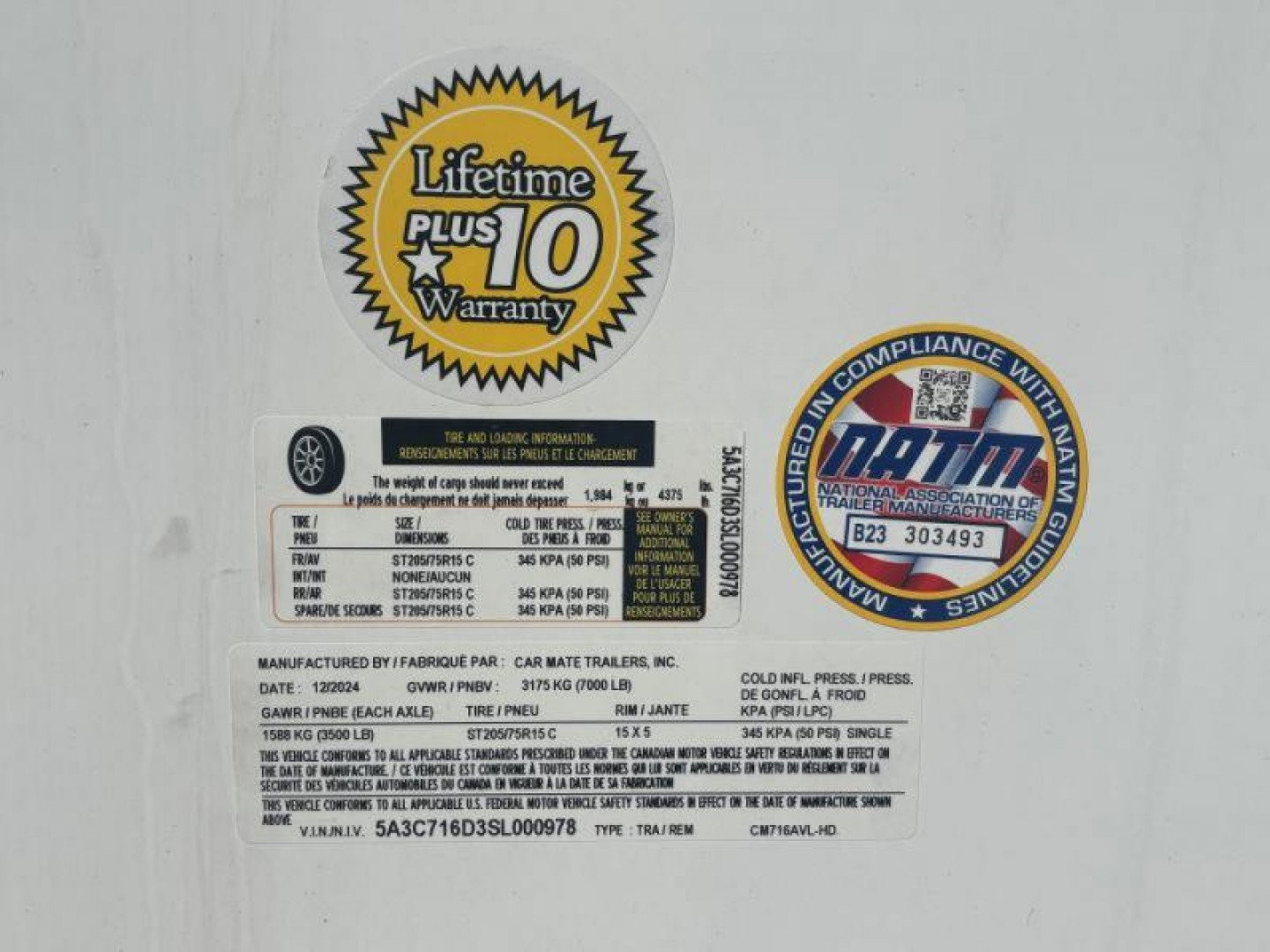 New 2025 Car Mate Trailers 7x16 Avalanche Enclosed Trailer (V-Nose) - White w/ Ramp - 12" Extra Height - 7000# GVWR