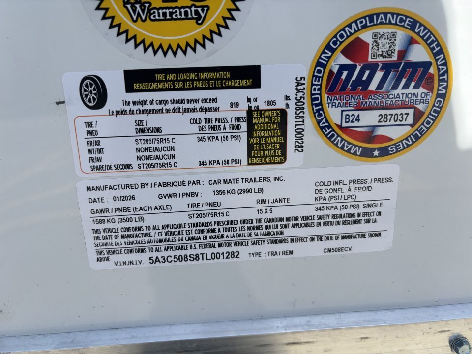New 2026 Car Mate Trailers 5X8 V-Sport Enclosed Trailer - Crystal White W/ Ramp Door - 2990# GVWR
