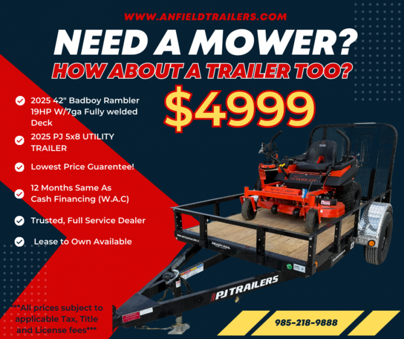 New 2025 Bad Boy MOWER PACKAGE  42" RAMBLER(BRIGGS) & 5 X 8 SA PJ UTILITY  Trailer