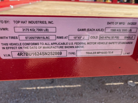 New 2025 Top Hat 16' x 83" MP Utility Trailer