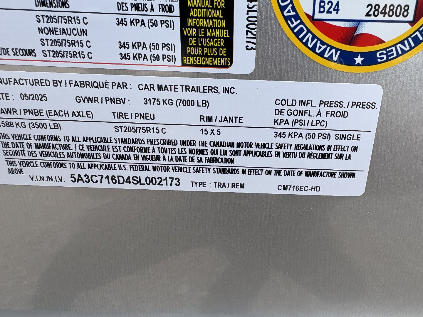 New 2025 CAR MATE TRAILERS 7x16 7K 7' Interior Cargo / Enclosed Trailer with Ramp Door