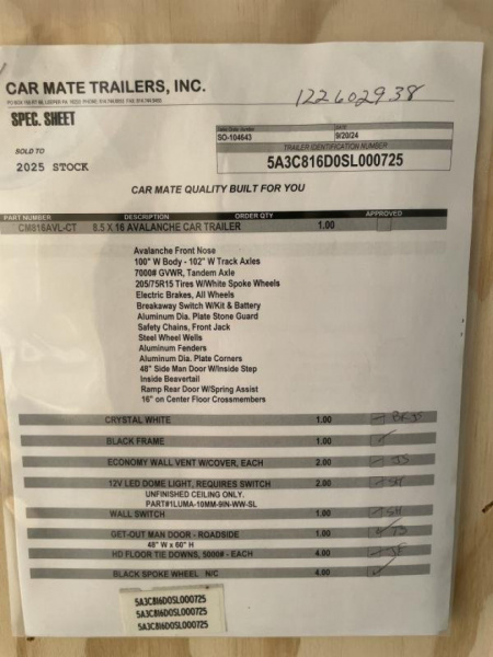 New 2025 Car Mate Trailers 8x16 6'6" Interior Avalanche Car / Racing Trailer