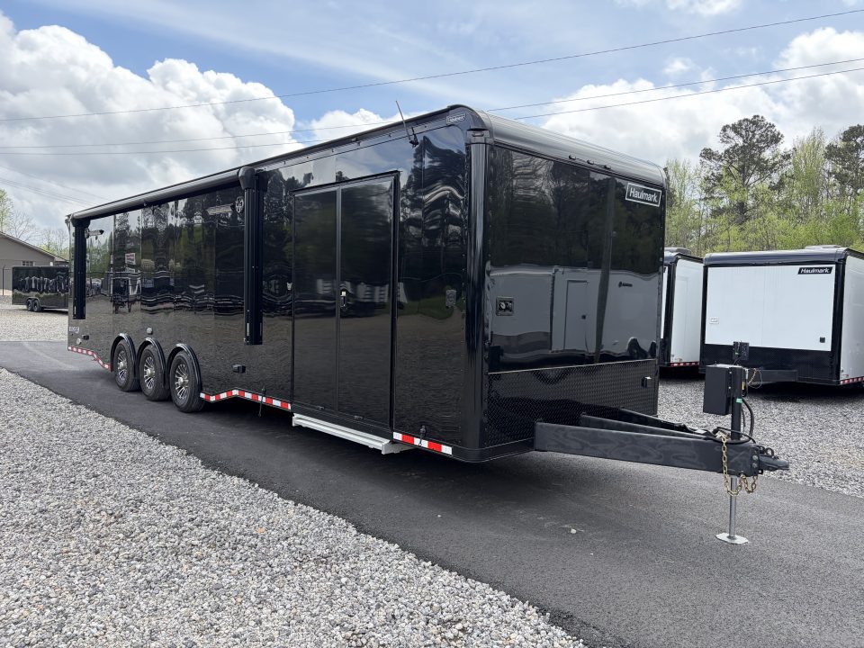 Used 2026 Haulmark 34 EDGE Bathroom Race Trailer, Dual A/C, Airline Track, Winch, 18K GVWR, 54" ALX Slide Out Step, Awning, Air Prep, Landing Light PKG, Hyd Tongue Jack