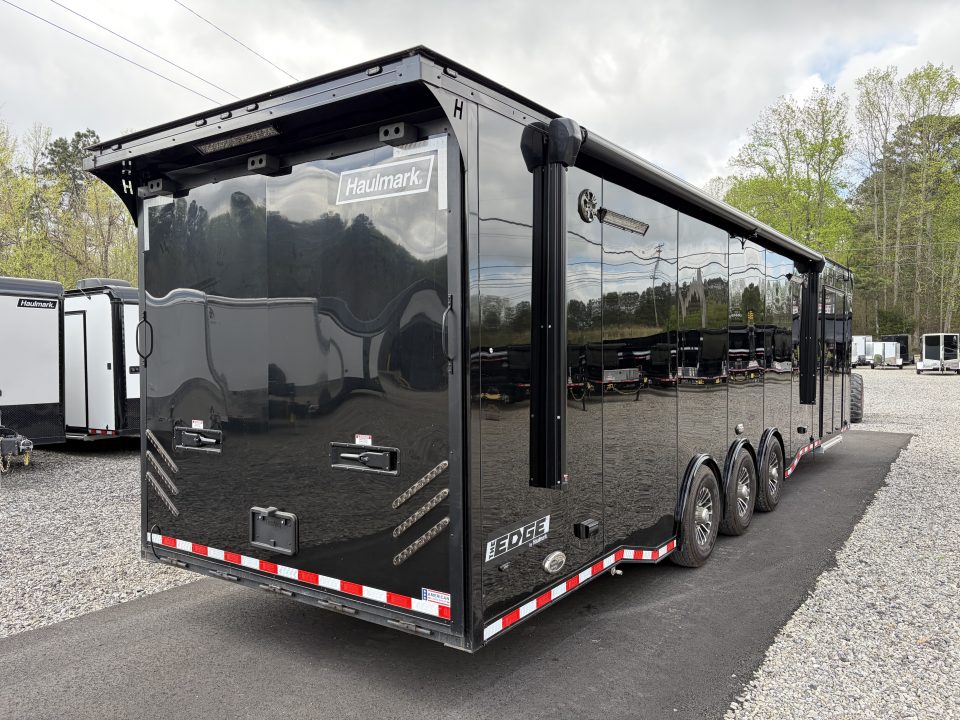 Used 2026 Haulmark 34 EDGE Bathroom Race Trailer, Dual A/C, Airline Track, Winch, 18K GVWR, 54" ALX Slide Out Step, Awning, Air Prep, Landing Light PKG, Hyd Tongue Jack