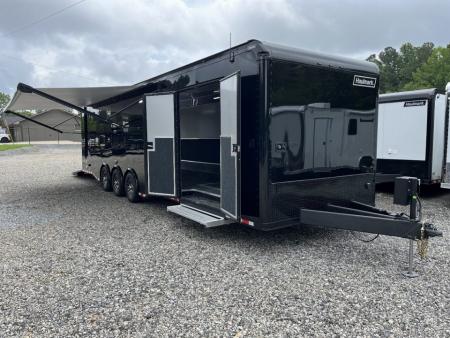 Used 2026 Haulmark 34 EDGE Bathroom Race Trailer, Dual A/C, Airline Track, Winch, 18K GVWR, 54" ALX Slide Out Step, Awning, Air Prep, Landing Light PKG, Hyd Tongue Jack