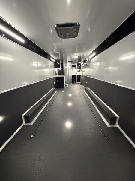 Used 2026 Haulmark 34 EDGE Bathroom Race Trailer, Dual A/C, Airline Track, Winch, 18K GVWR, 54" ALX Slide Out Step, Awning, Air Prep, Landing Light PKG, Hyd Tongue Jack