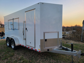 New Cell-Tech Cargo, 7 x 16 Ramp, 7k torsion axles, upgraded alum wheels and 14 ply tires, electrical pkg, 50 amp breaker box with 50' lifeline cord, base and upper cabinets in front V, exterior generator door, concession door on passenger side