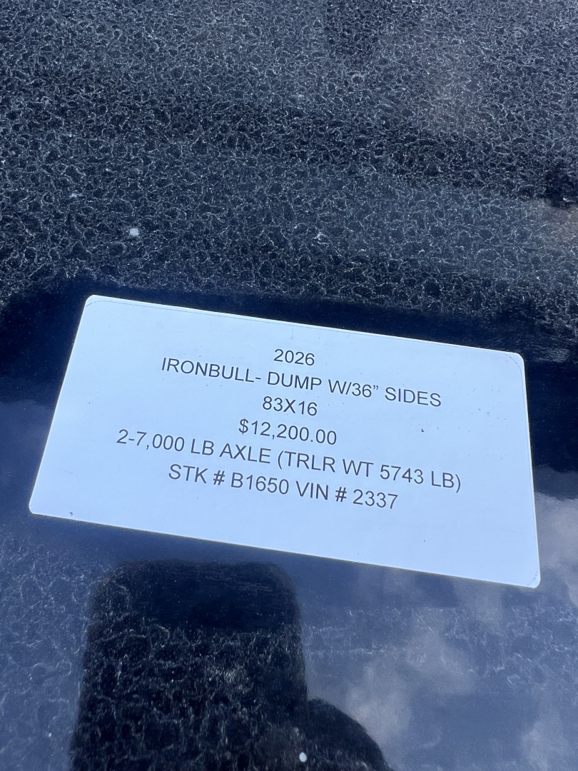 New 2026 IRON BULL 83X16 DUMP TRAILER W/ 36" SIDES