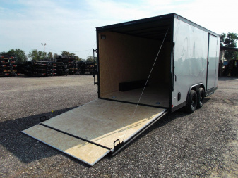 New 2026 Covered Wagon Trailers 8.5x16 Cargo Trailer / Car Hauler / 5200# Axles / 7ft Interior Height / 48" RV Side Door / Bed Lined RV Step / .030 Silver Semi-Screwless Exterior / 60" Triple Tube Tongue / Extra Wide Ramp / Black Out Package