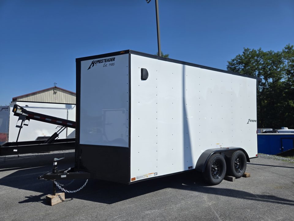 New 7 x 14 Homesteader Intrepid V-Nose Cargo 7k GVWR **White w/ BlackOut Pkg, 6" Extra Height & Ramp Door Package, Rear Spoiler w/ Lights