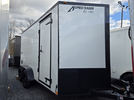 New 7 x 14 Homesteader Intrepid V-Nose Cargo 7k GVWR **White w/ BlackOut Pkg, 6  Extra Height & Ramp Door Package