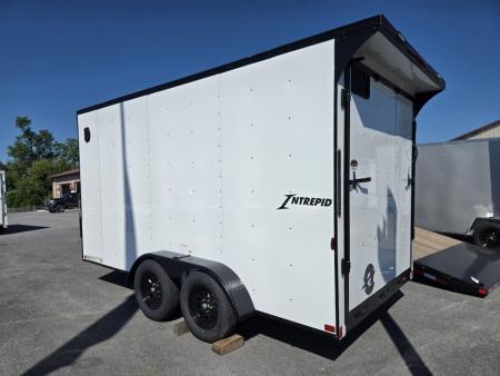 New 7 x 14 Homesteader Intrepid V-Nose Cargo 7k GVWR **White w/ BlackOut Pkg, 6" Extra Height & Ramp Door Package, Rear Spoiler w/ Lights