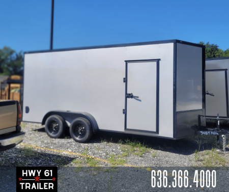New 2025 Steel Pines 7x16 TA Cargo Enclosed Trailer, 7' Interior Height, Silver/Blackout [.080 Polycore], 35K Axles