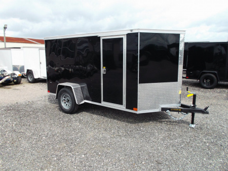 New 2026 Covered Wagon Trailers 5x10 Single Axle Cargo Trailer / Enclosed Cargo Trailer / Ramp / RV Side Door / Bed Lined Tongue and Frame / .030 Black Semi-Screwless Exterior