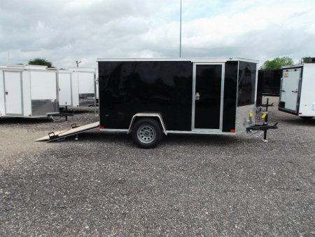 New 2026 Covered Wagon Trailers 5x10 Single Axle Cargo Trailer / Enclosed Cargo Trailer / Ramp / RV Side Door / Bed Lined Tongue and Frame / .030 Black Semi-Screwless Exterior