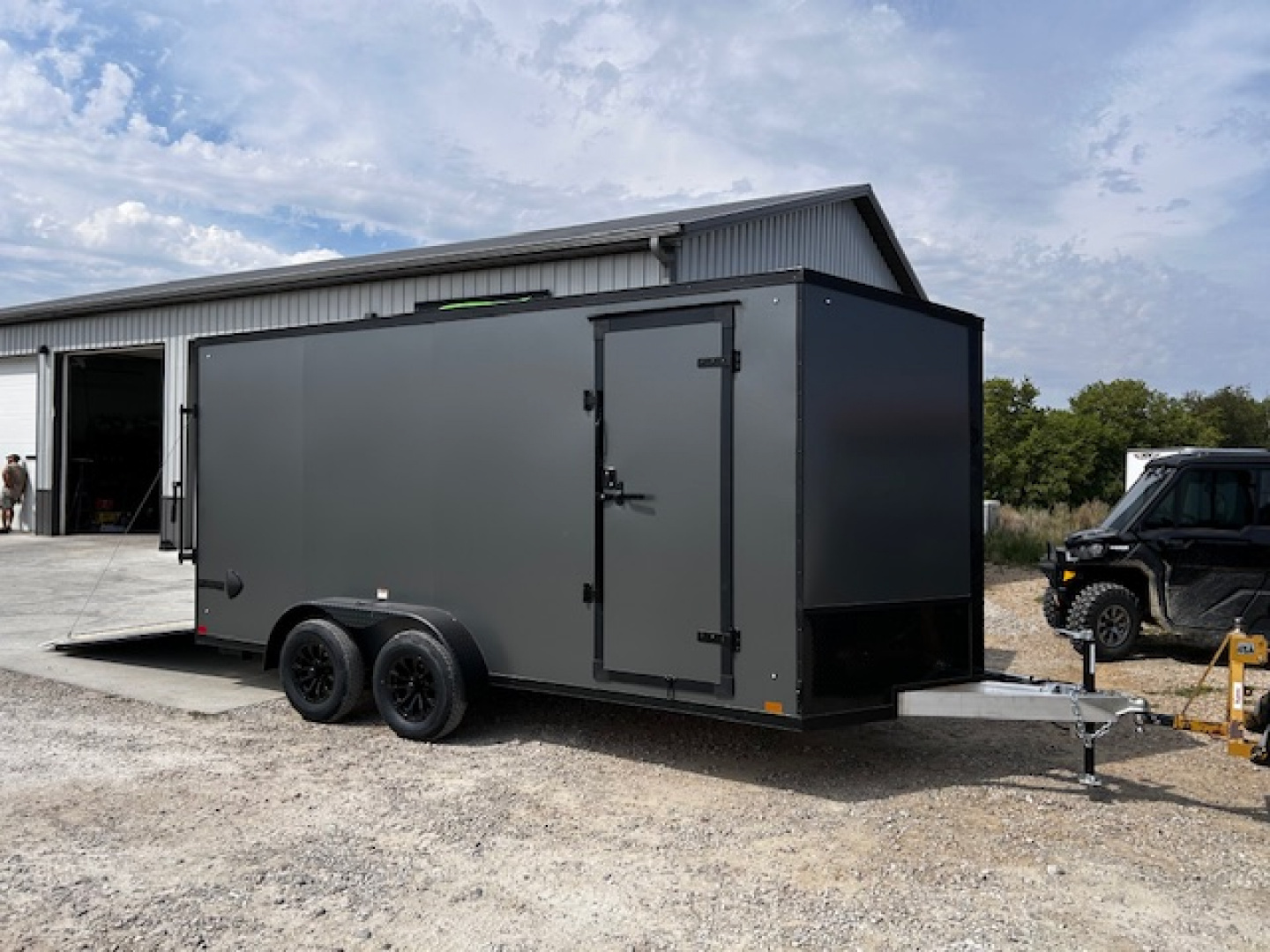 New 2026 Discovery Trailers 7X16 Blackout pack 7' interior ramp door ALUMINUM FRAME .080 ALUMITEC EXTERIOR UTV ESCAPE DOOR, BLACKOUT PACK