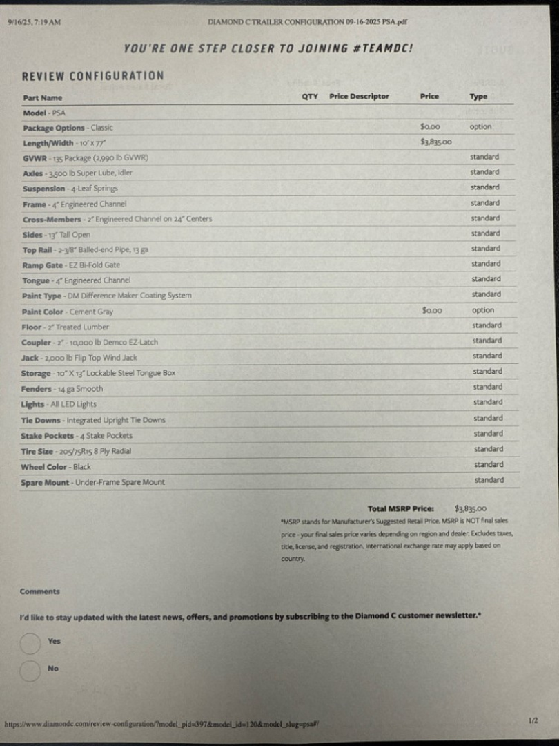 New 2026 Diamond C Trailers PSA  135 Package 10'X77" Utility Trailer