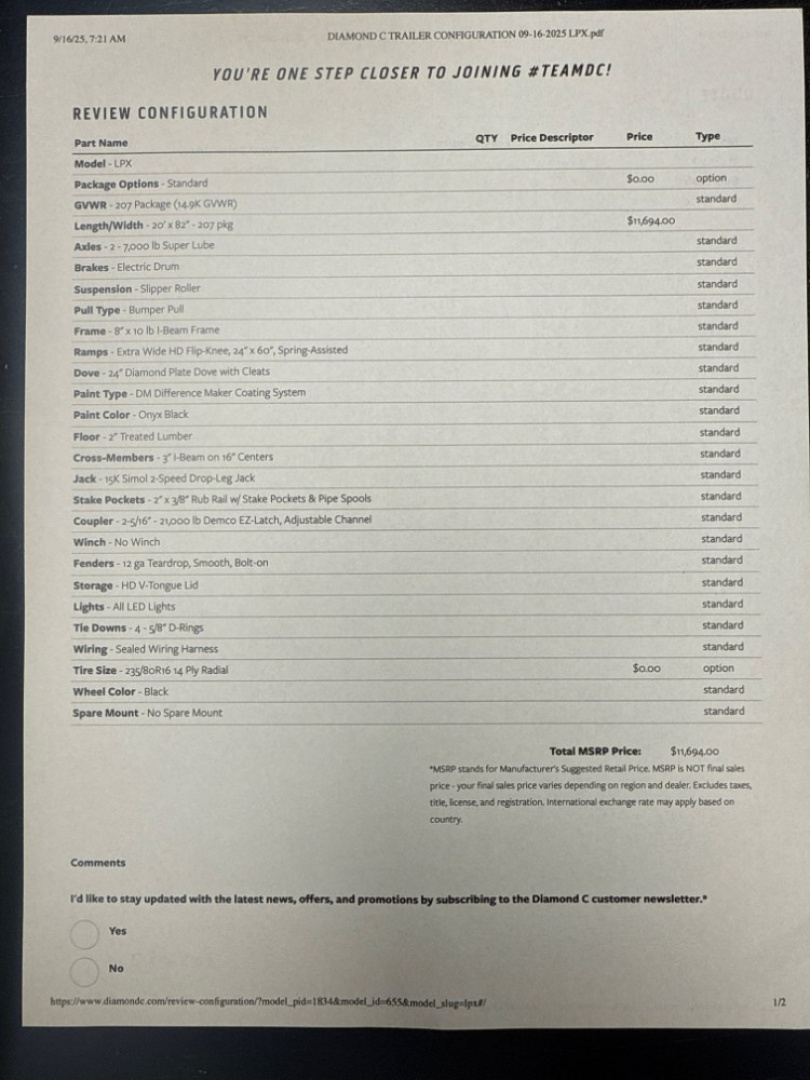 New 2026 Diamond C Trailers LPX 207 Package 20'X82" Equipment Trailer