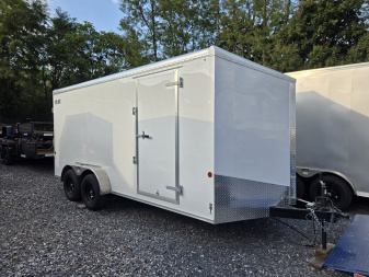 New 7 x 16 Car Mate AVALANCHE V-Nose Cargo Trailer, 7k GVWR ***White w/6  Extra Height, Ramp Door, Black Wheels