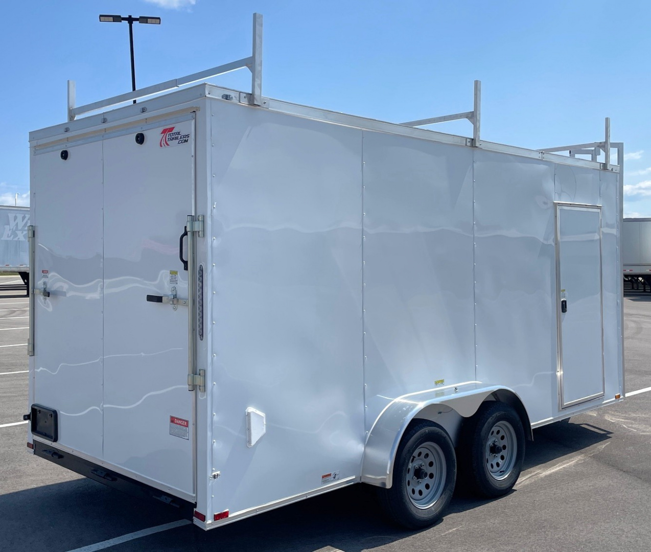 New 7x16 Enclosed Cargo Trailer 7000 GVWR, (3) Ladder Racks, Access Ladder, Ramp Door