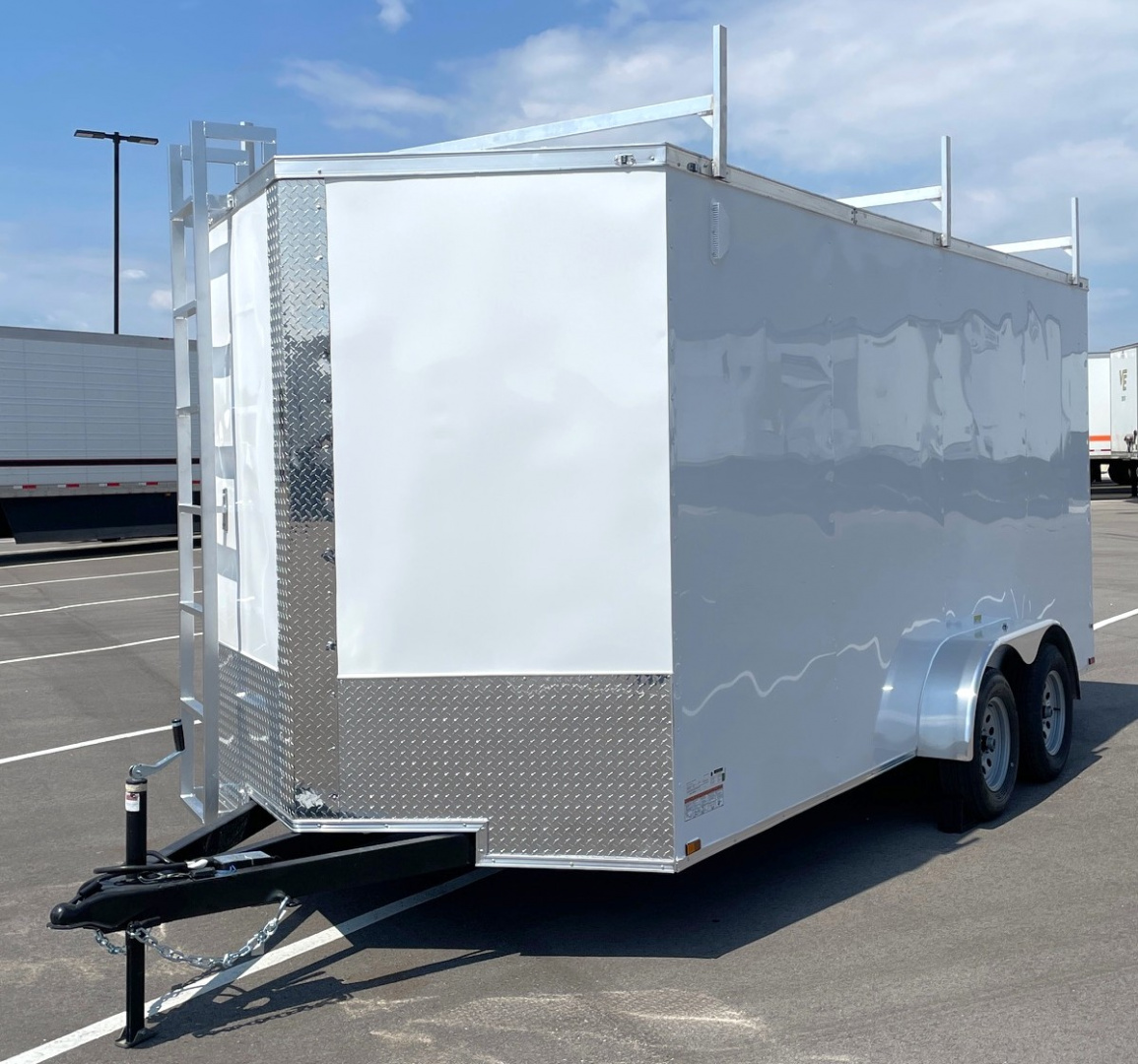 New 7x16 Enclosed Cargo Trailer 7000 GVWR, (3) Ladder Racks, Access Ladder, Ramp Door