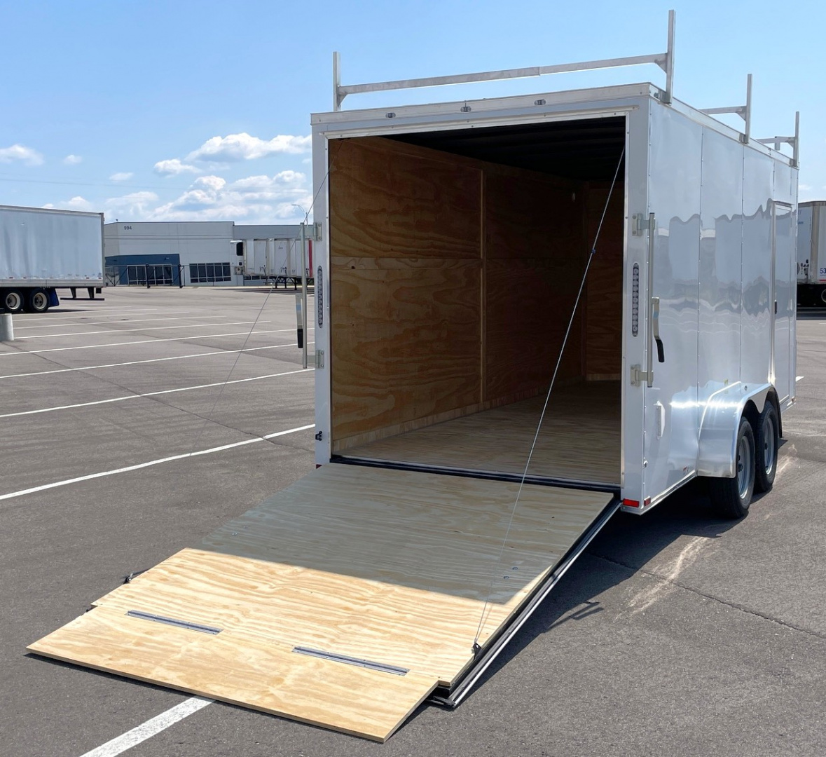 New 7x16 Enclosed Cargo Trailer 7000 GVWR, (3) Ladder Racks, Access Ladder, Ramp Door