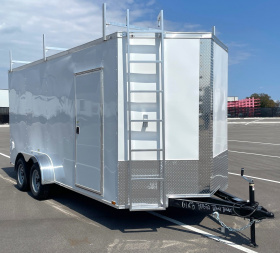 New 7x16 Enclosed Cargo Trailer 7000 GVWR, (3) Ladder Racks, Access Ladder, Ramp Door