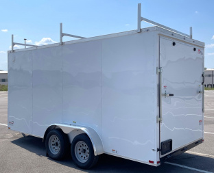 New 7x16 Enclosed Cargo Trailer 7000 GVWR, (3) Ladder Racks, Access Ladder, Ramp Door