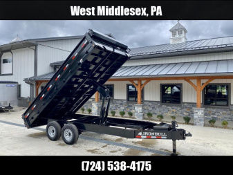 New 2025 Ironbull 8x16' Deckover Dump Trailer 16000# GVW * 8000# AXLES * 17.5  16-PLY TIRES * TARP KIT * 10  I-BEAM FRAME * BED RUNNERS * FOLD DOWN SIDES * 5x20 SCISSOR HOIST * INTGRATED KEYWAY/10GA WALLS * IRONCLAD WARRANTY