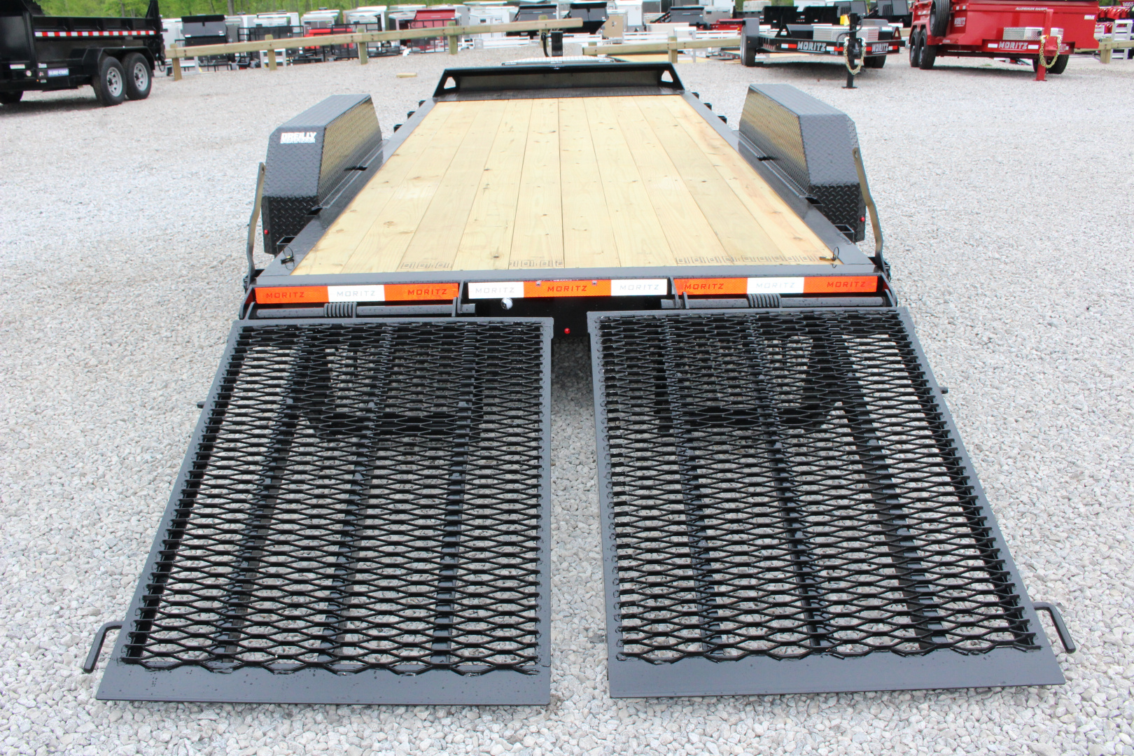New 2026 Moritz ELBH 7' x 18' Low Pro - Split Mesh Ramps- Equipment Trailer - 14000# GVW