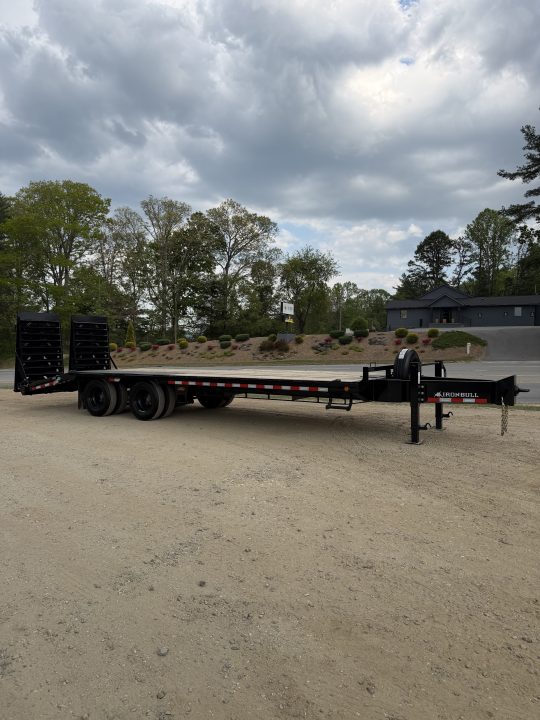 New 2026 Iron Bull FLP Series 102"x25' / 2-10,000# Electric Brake Axles / 16" Dual Wheels / 5' Rampage Ramps / Deckover Trailer / Dual 12k set back jacks