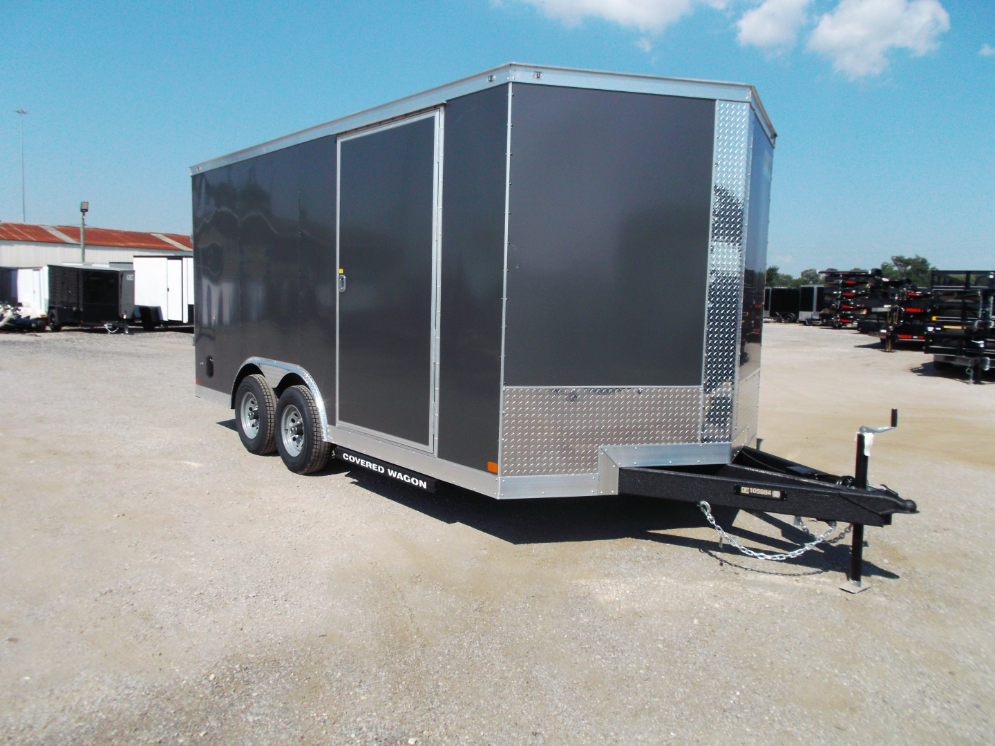 New 2026 Covered Wagon Trailers 8.5x16 Cargo Trailer / Car Hauler / 5200# Axles / 7ft Interior Height / 48" RV Side Door / .080 Charcoal Gray Poly Core Semi-Screwless Exterior / 60" Triple Tube Tongue / Extra Wide Ramp