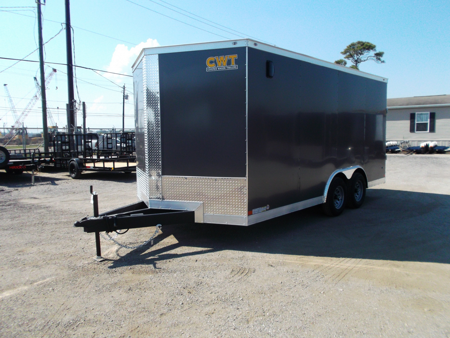 New 2026 Covered Wagon Trailers 8.5x16 Cargo Trailer / Car Hauler / 5200# Axles / 7ft Interior Height / 48" RV Side Door / .080 Charcoal Gray Poly Core Semi-Screwless Exterior / 60" Triple Tube Tongue / Extra Wide Ramp