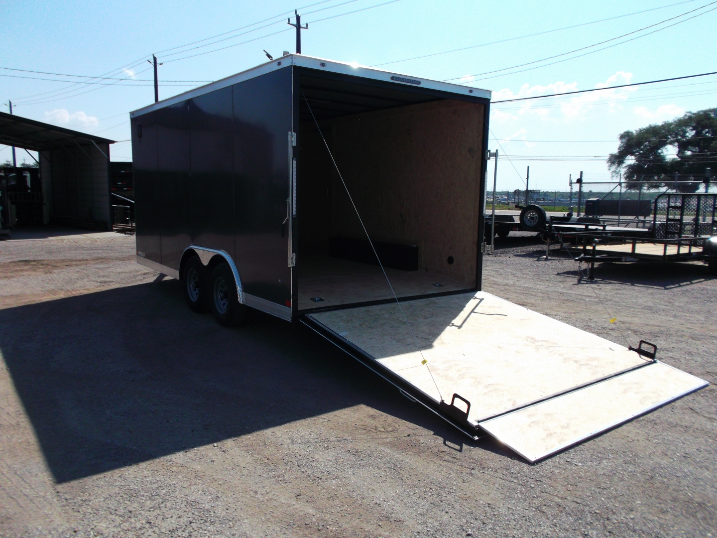 New 2026 Covered Wagon Trailers 8.5x16 Cargo Trailer / Car Hauler / 5200# Axles / 7ft Interior Height / 48" RV Side Door / .080 Charcoal Gray Poly Core Semi-Screwless Exterior / 60" Triple Tube Tongue / Extra Wide Ramp
