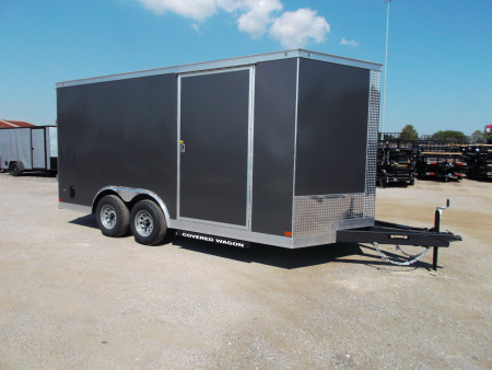 New 2026 Covered Wagon Trailers 8.5x16 Cargo Trailer / Car Hauler / 5200# Axles / 7ft Interior Height / 48" RV Side Door / .080 Charcoal Gray Poly Core Semi-Screwless Exterior / 60" Triple Tube Tongue / Extra Wide Ramp