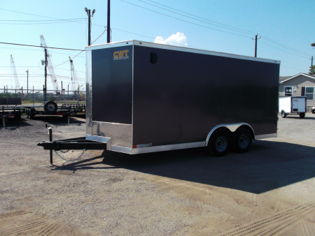 New 2026 Covered Wagon Trailers 8.5x16 Cargo Trailer / Car Hauler / 5200# Axles / 7ft Interior Height / 48" RV Side Door / .080 Charcoal Gray Poly Core Semi-Screwless Exterior / 60" Triple Tube Tongue / Extra Wide Ramp