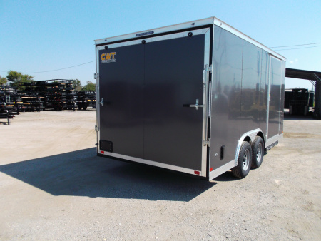 New 2026 Covered Wagon Trailers 8.5x16 Cargo Trailer / Car Hauler / 5200# Axles / 7ft Interior Height / 48" RV Side Door / .080 Charcoal Gray Poly Core Semi-Screwless Exterior / 60" Triple Tube Tongue / Extra Wide Ramp