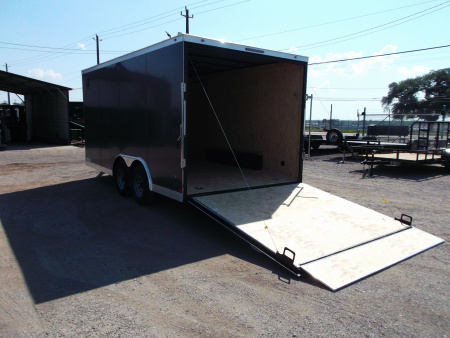 New 2026 Covered Wagon Trailers 8.5x16 Cargo Trailer / Car Hauler / 5200# Axles / 7ft Interior Height / 48" RV Side Door / .080 Charcoal Gray Poly Core Semi-Screwless Exterior / 60" Triple Tube Tongue / Extra Wide Ramp