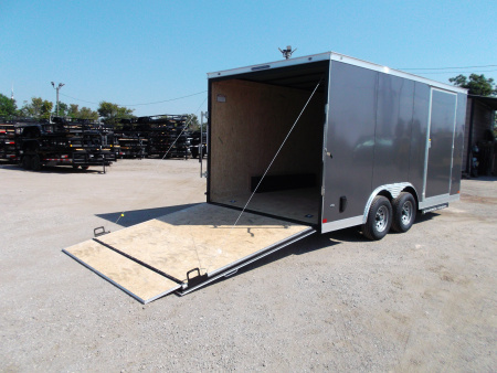 New 2026 Covered Wagon Trailers 8.5x16 Cargo Trailer / Car Hauler / 5200# Axles / 7ft Interior Height / 48" RV Side Door / .080 Charcoal Gray Poly Core Semi-Screwless Exterior / 60" Triple Tube Tongue / Extra Wide Ramp